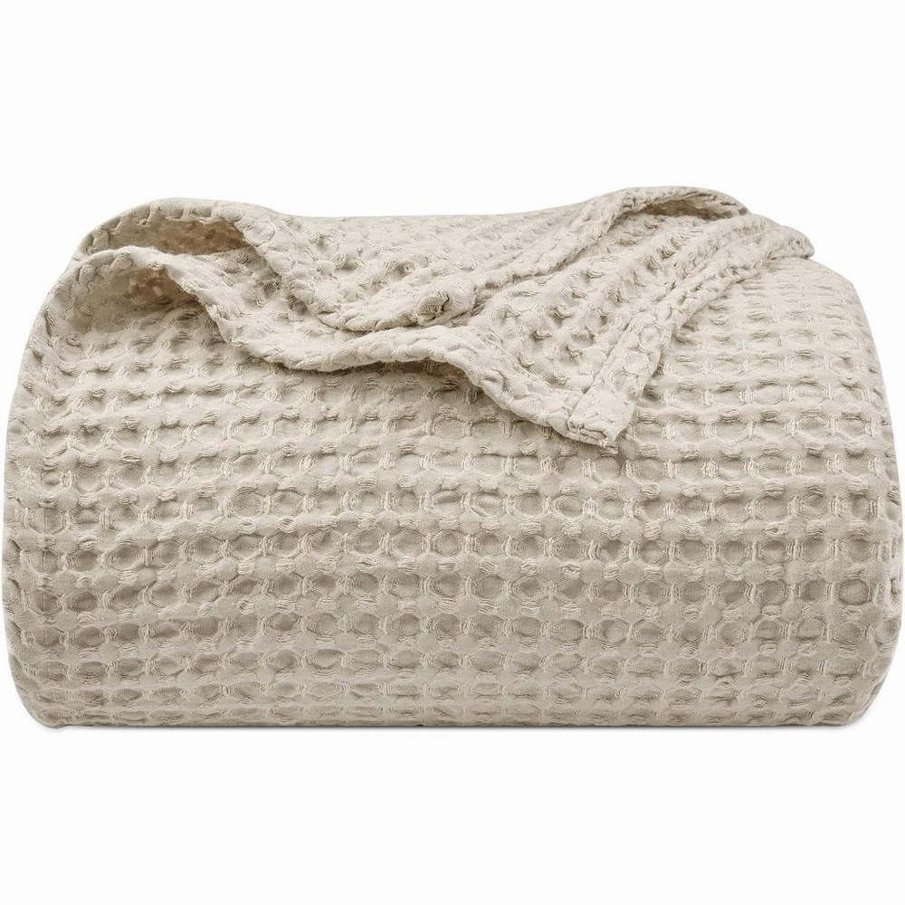 Lightweight Waffle Weave Blanket Queen Size, Queen(90"x90") Light Tan